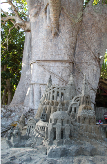 Chateau de sable devant un gros baobab de Mayotte